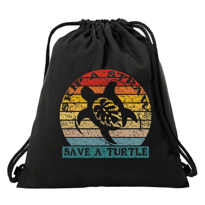Skip A Straw Save A Turtle Vintage Retro Save A Turtle Drawstring Bag
