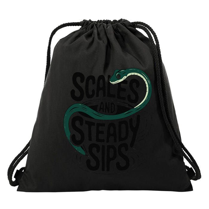 Scales And Steady Sips Funny Snake Tea Lovers Drawstring Bag