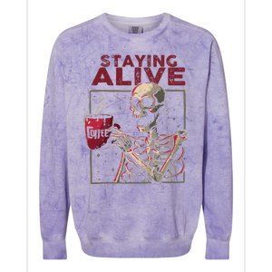 Staying Alive Skeleton Drink Coffee Funny Skull Halloween Colorblast Crewneck Sweatshirt