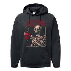 Staying Alive Skeleton Drink Coffee Funny Skull Halloween Performance Fleece Hoodie