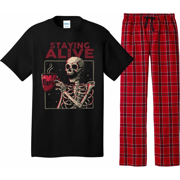 Staying Alive Skeleton Drink Coffee Funny Skull Halloween Pajama Set