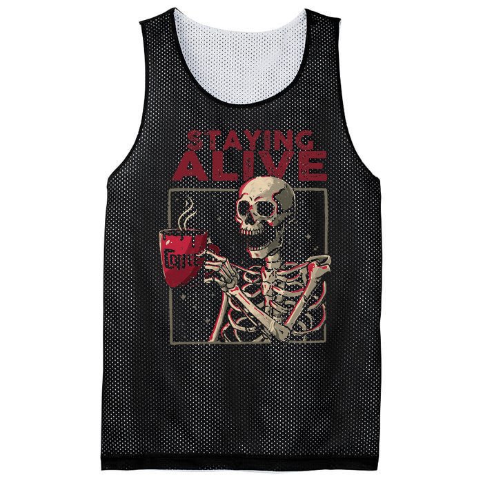 Staying Alive Skeleton Drink Coffee Funny Skull Halloween Mesh Reversible Basketball Jersey Tank