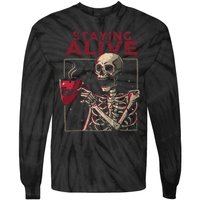 Staying Alive Skeleton Drink Coffee Funny Skull Halloween Tie-Dye Long Sleeve Shirt