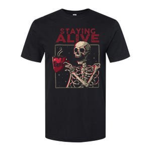 Staying Alive Skeleton Drink Coffee Funny Skull Halloween Softstyle CVC T-Shirt