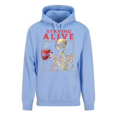 Staying Alive Skeleton Drink Coffee Funny Skeleton Skull Unisex Surf Hoodie