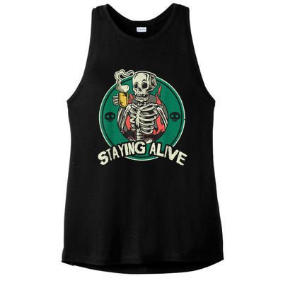 Staying Alive Skeleton Drink Coffee Funny Skull Ladies PosiCharge Tri-Blend Wicking Tank