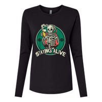 Staying Alive Skeleton Drink Coffee Funny Skull Womens Cotton Relaxed Long Sleeve T-Shirt