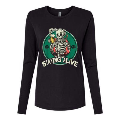 Staying Alive Skeleton Drink Coffee Funny Skull Womens Cotton Relaxed Long Sleeve T-Shirt