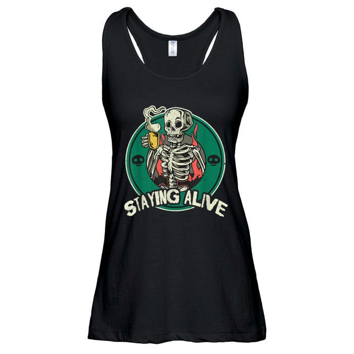 Staying Alive Skeleton Drink Coffee Funny Skull Ladies Essential Flowy Tank