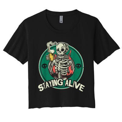 Staying Alive Skeleton Drink Coffee Funny Skull Women's Crop Top Tee