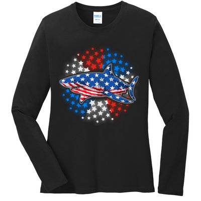 Stars And Stripes USA American Flag Shark Ladies Long Sleeve Shirt