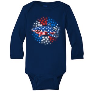 Stars And Stripes USA American Flag Shark Baby Long Sleeve Bodysuit