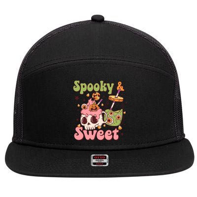 Spooky And Sweet Retro Groovy Halloween Candy Costume Gift 7 Panel Mesh Trucker Snapback Hat