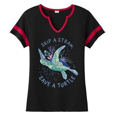 Skip A Straw Save A Turtle Ocean Ladies Halftime Notch Neck Tee