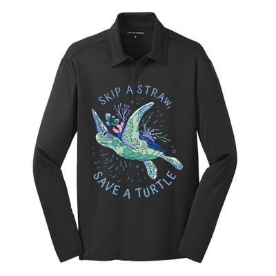 Skip A Straw Save A Turtle Ocean Silk Touch Performance Long Sleeve Polo