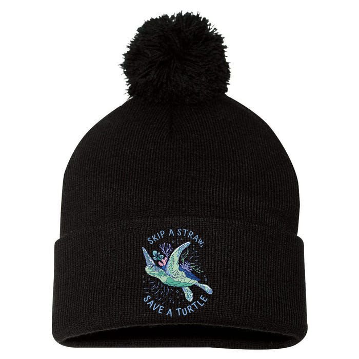 Skip A Straw Save A Turtle Ocean Pom Pom 12in Knit Beanie