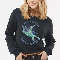 Skip A Straw Save A Turtle Ocean Cropped Pullover Crew