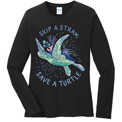 Skip A Straw Save A Turtle Ocean Ladies Long Sleeve Shirt