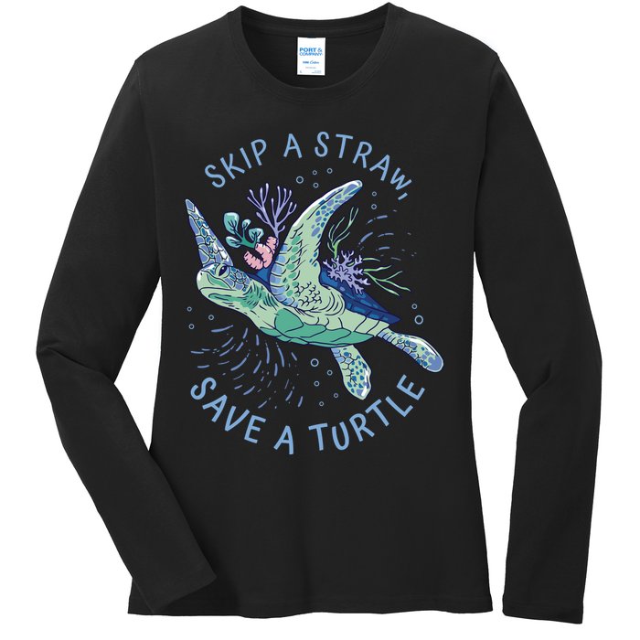 Skip A Straw Save A Turtle Ocean Ladies Long Sleeve Shirt