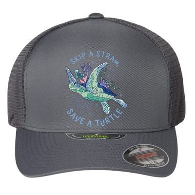 Skip A Straw Save A Turtle Ocean Flexfit Unipanel Trucker Cap