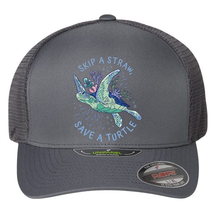 Skip A Straw Save A Turtle Ocean Flexfit Unipanel Trucker Cap
