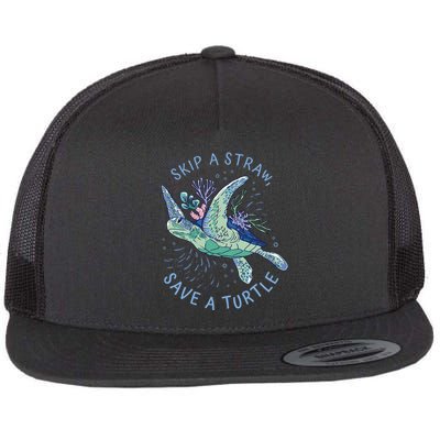 Skip A Straw Save A Turtle Ocean Flat Bill Trucker Hat