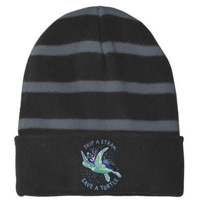 Skip A Straw Save A Turtle Ocean Striped Beanie with Solid Band