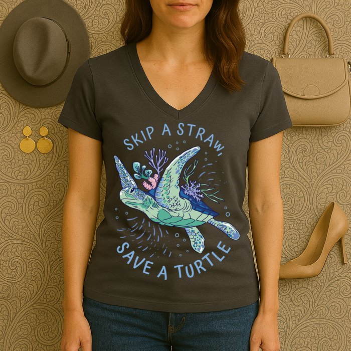 Skip A Straw Save A Turtle Ocean Women's V-Neck T-Shirt