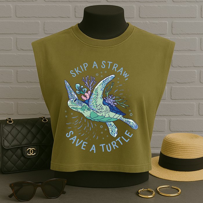 Skip A Straw Save A Turtle Ocean Garment-Dyed Women's Muscle Tee