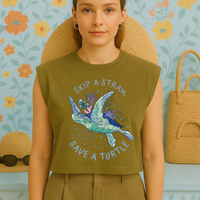 Skip A Straw Save A Turtle Ocean Garment-Dyed Women's Muscle Tee