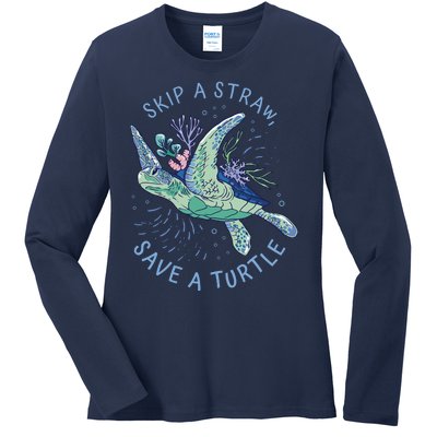 Skip A Straw Save A Turtle Ocean Ladies Long Sleeve Shirt