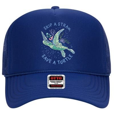 Skip A Straw Save A Turtle Ocean High Crown Mesh Back Trucker Hat