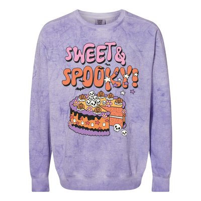 Sweet And Spooky Skulls Pumpkins Retro Groovy Halloween Cake Gift Colorblast Crewneck Sweatshirt