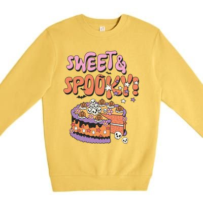 Sweet And Spooky Skulls Pumpkins Retro Groovy Halloween Cake Gift Premium Crewneck Sweatshirt