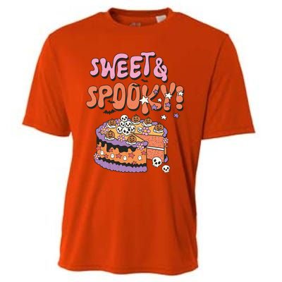 Sweet And Spooky Skulls Pumpkins Retro Groovy Halloween Cake Gift Cooling Performance Crew T-Shirt