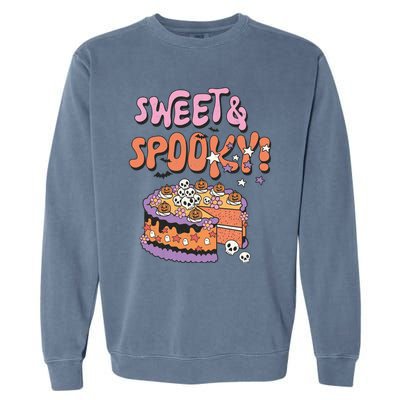 Sweet And Spooky Skulls Pumpkins Retro Groovy Halloween Cake Gift Garment-Dyed Sweatshirt