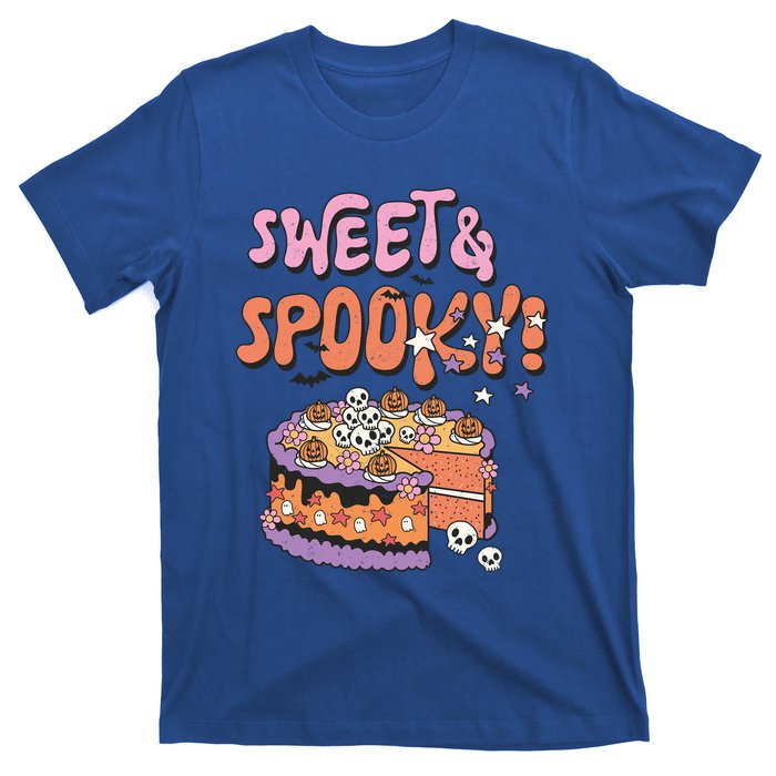 Sweet And Spooky Skulls Pumpkins Retro Groovy Halloween Cake Gift T-Shirt