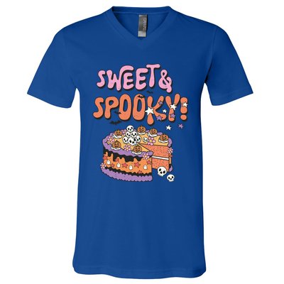 Sweet And Spooky Skulls Pumpkins Retro Groovy Halloween Cake Gift V-Neck T-Shirt