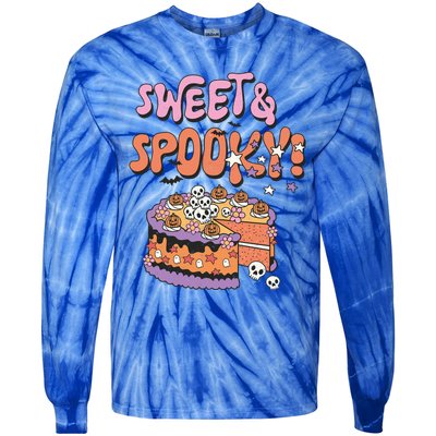 Sweet And Spooky Skulls Pumpkins Retro Groovy Halloween Cake Gift Tie-Dye Long Sleeve Shirt