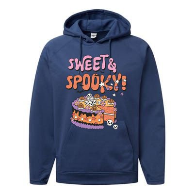 Sweet And Spooky Skulls Pumpkins Retro Groovy Halloween Cake Gift Performance Fleece Hoodie