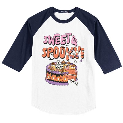 Sweet And Spooky Skulls Pumpkins Retro Groovy Halloween Cake Gift Baseball Sleeve Shirt