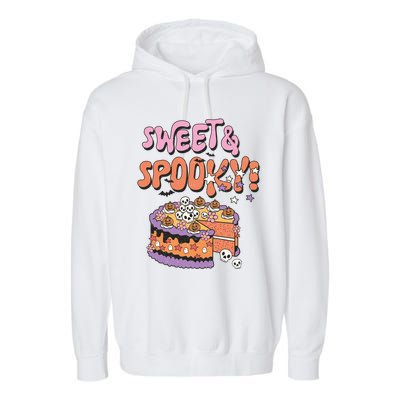 Sweet And Spooky Skulls Pumpkins Retro Groovy Halloween Cake Gift Garment-Dyed Fleece Hoodie