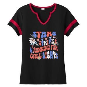 Stars And Stripes Running For Call Lights 4th Of July Nurse Ladies Halftime Notch Neck Tee