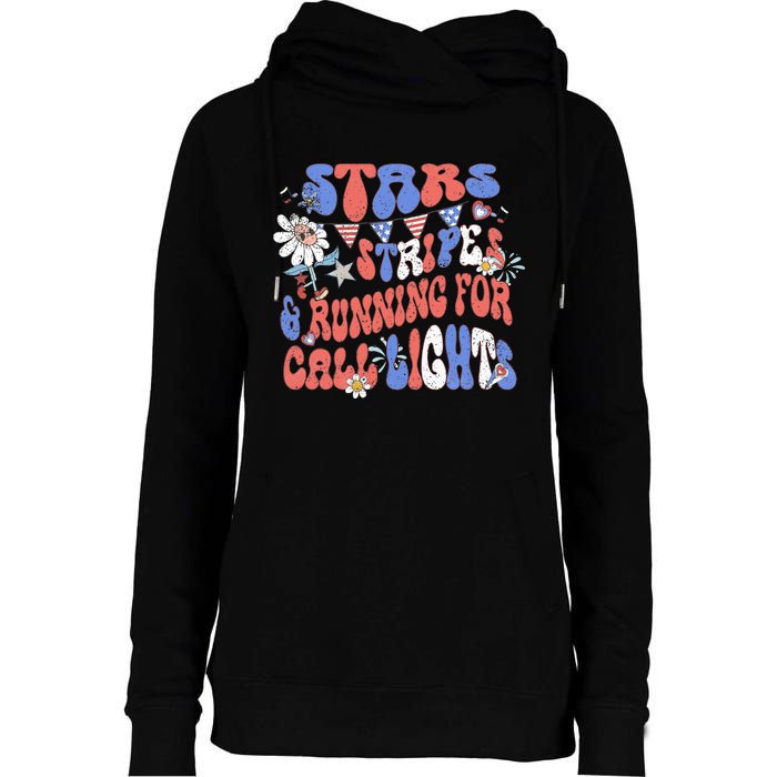 Stars And Stripes Running For Call Lights 4th Of July Nurse Womens Funnel Neck Pullover Hood