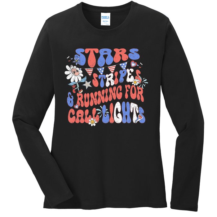 Stars And Stripes Running For Call Lights 4th Of July Nurse Ladies Long Sleeve Shirt