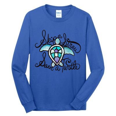 Skip A Straw Save A Turtle Watercolor Gift Tall Long Sleeve T-Shirt