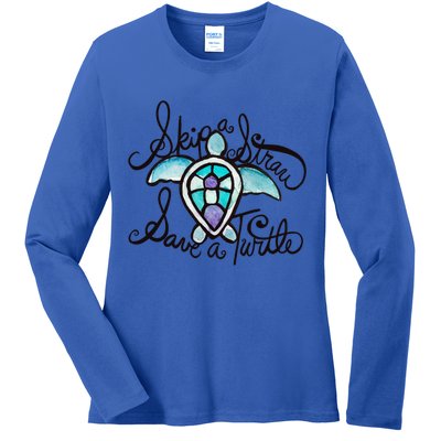 Skip A Straw Save A Turtle Watercolor Gift Ladies Long Sleeve Shirt