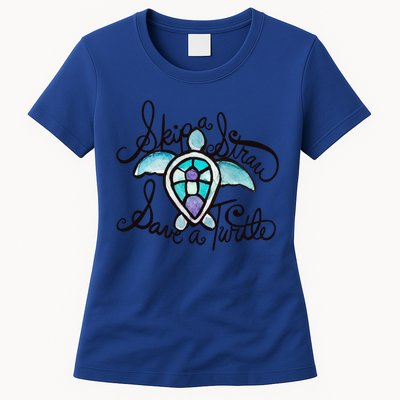 Skip A Straw Save A Turtle Watercolor Gift Womens T-Shirt