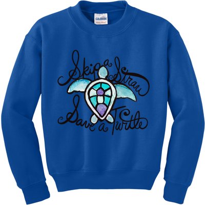 Skip A Straw Save A Turtle Watercolor Gift Kids Sweatshirt