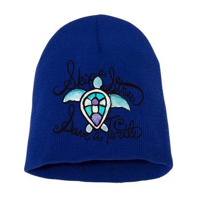 Skip A Straw Save A Turtle Watercolor Gift Short Acrylic Beanie